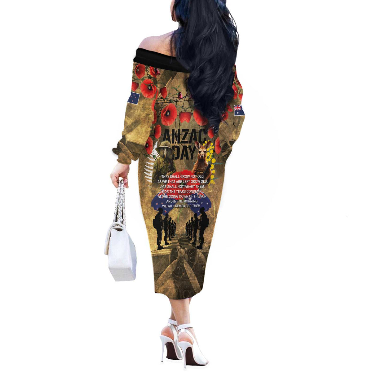Australia and New Zealand ANZAC Day Off The Shoulder Long Sleeve Dress Kangaroo and Kiwi Bird Soldier-Honor and Remember Vintage Style LT03 - Polynesian Pride