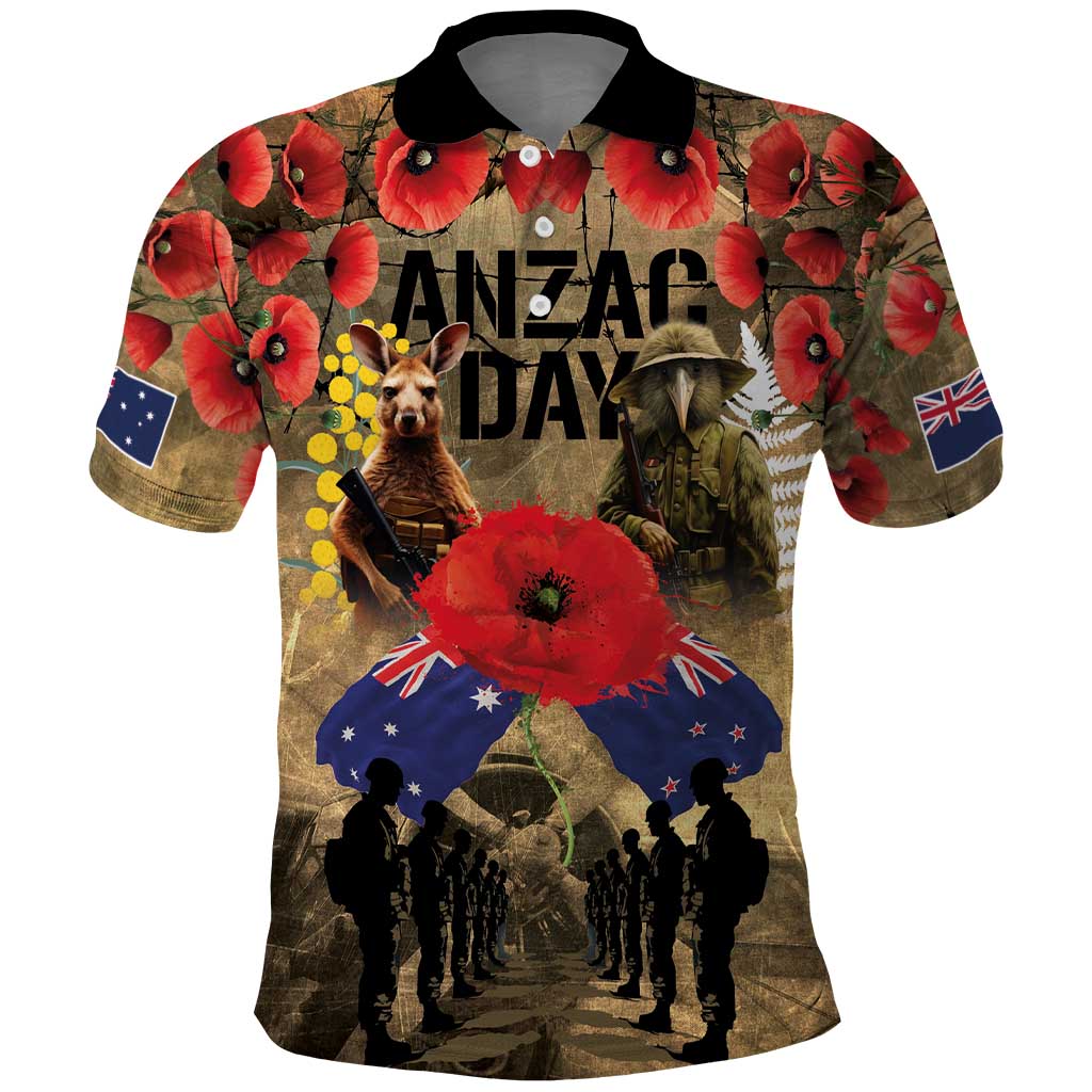 Australia and New Zealand ANZAC Day Polo Shirt Kangaroo and Kiwi Bird Soldier-Honor and Remember Vintage Style LT03 Beige - Polynesian Pride