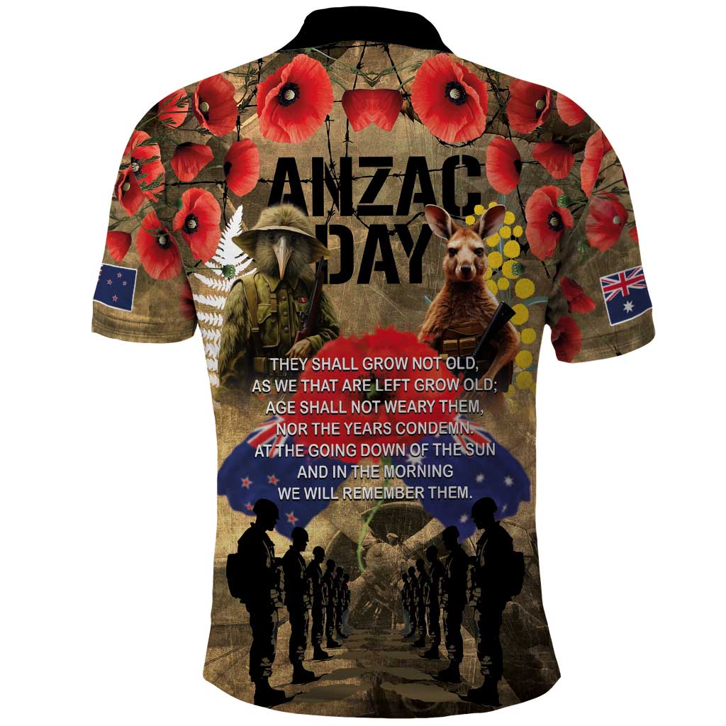 Australia and New Zealand ANZAC Day Polo Shirt Kangaroo and Kiwi Bird Soldier-Honor and Remember Vintage Style LT03 - Polynesian Pride