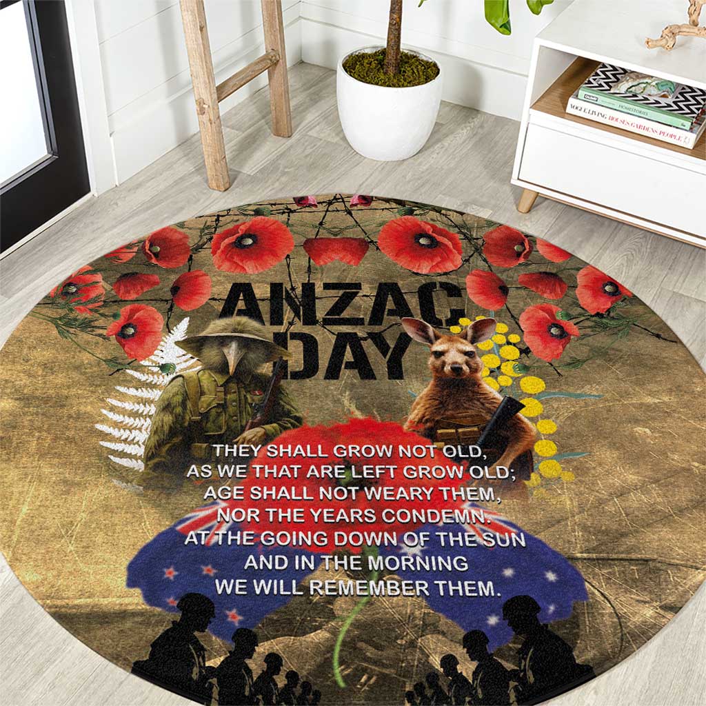 Australia and New Zealand ANZAC Day Round Carpet Kangaroo and Kiwi Bird Soldier-Honor and Remember Vintage Style LT03 Beige - Polynesian Pride