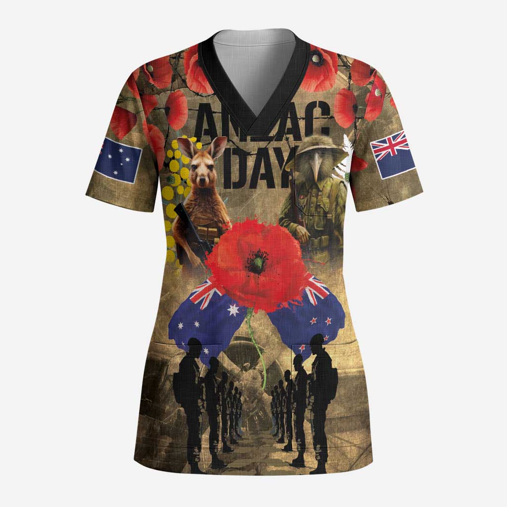 Australia and New Zealand ANZAC Day Scrub Top Kangaroo and Kiwi Bird Soldier-Honor and Remember Vintage Style LT03 Adult Beige - Polynesian Pride