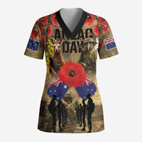 Australia and New Zealand ANZAC Day Scrub Top Kangaroo and Kiwi Bird Soldier-Honor and Remember Vintage Style LT03 Adult Beige - Polynesian Pride