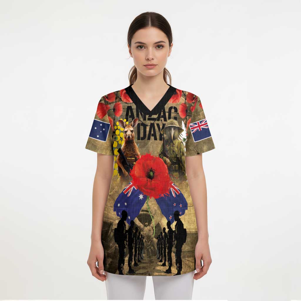 Australia and New Zealand ANZAC Day Scrub Top Kangaroo and Kiwi Bird Soldier-Honor and Remember Vintage Style LT03 - Polynesian Pride