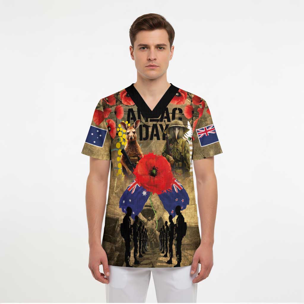 Australia and New Zealand ANZAC Day Scrub Top Kangaroo and Kiwi Bird Soldier-Honor and Remember Vintage Style LT03 - Polynesian Pride