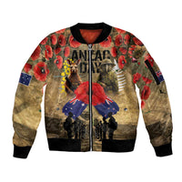 Australia and New Zealand ANZAC Day Sleeve Zip Bomber Jacket Kangaroo and Kiwi Bird Soldier-Honor and Remember Vintage Style LT03 Unisex Beige - Polynesian Pride