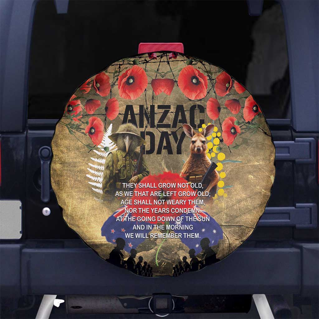 Australia and New Zealand ANZAC Day Spare Tire Cover Kangaroo and Kiwi Bird Soldier-Honor and Remember Vintage Style LT03 No hole Beige - Polynesian Pride