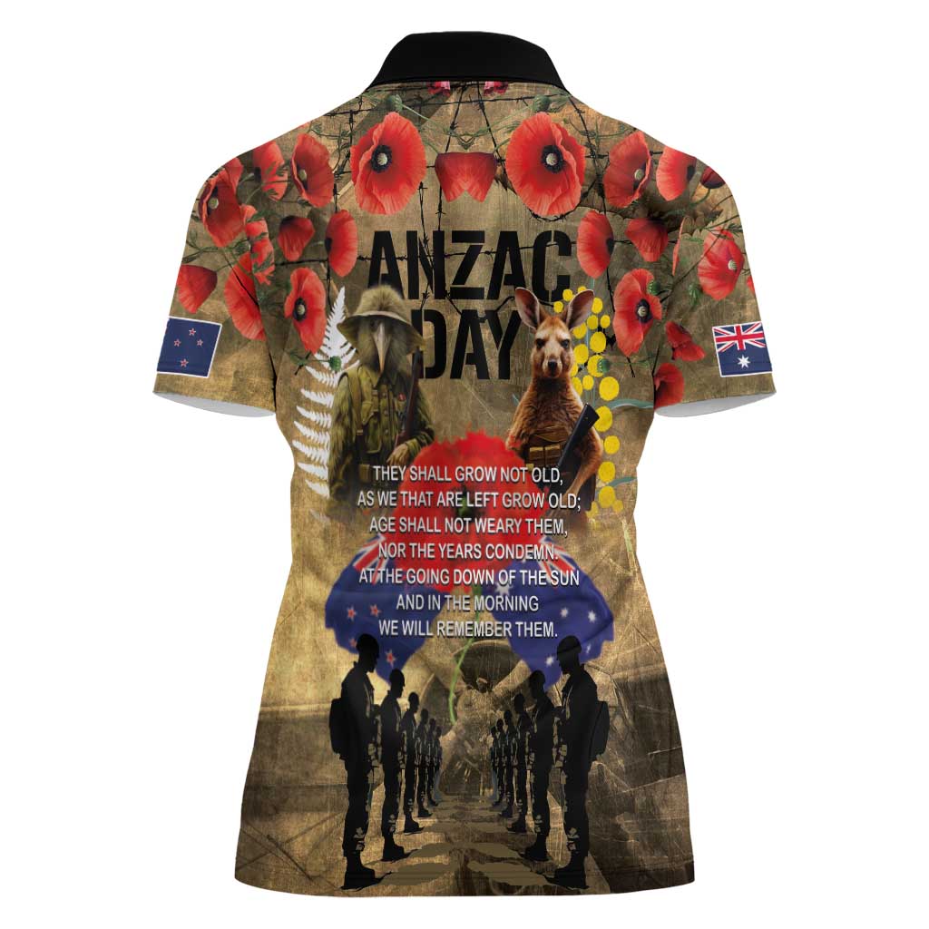 Australia and New Zealand ANZAC Day Women Polo Shirt Kangaroo and Kiwi Bird Soldier-Honor and Remember Vintage Style LT03 - Polynesian Pride