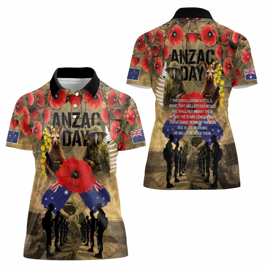 Australia and New Zealand ANZAC Day Women Polo Shirt Kangaroo and Kiwi Bird Soldier-Honor and Remember Vintage Style LT03 - Polynesian Pride