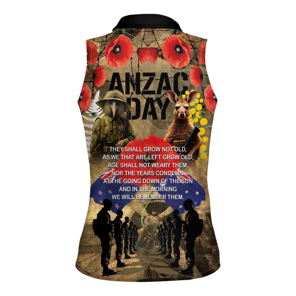 Australia and New Zealand ANZAC Day Women Sleeveless Polo Shirt Kangaroo and Kiwi Bird Soldier-Honor and Remember Vintage Style LT03 - Polynesian Pride