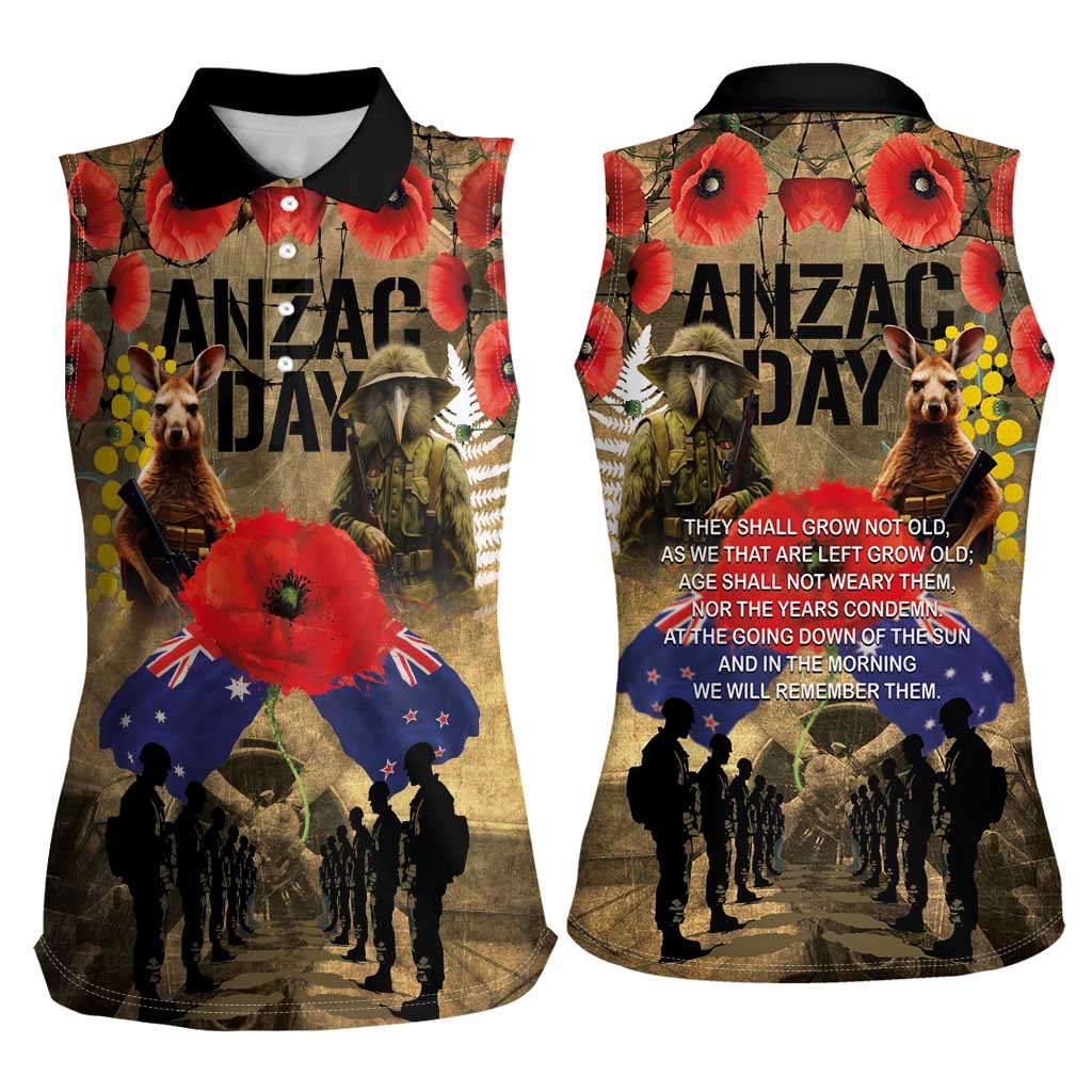 Australia and New Zealand ANZAC Day Women Sleeveless Polo Shirt Kangaroo and Kiwi Bird Soldier-Honor and Remember Vintage Style LT03 - Polynesian Pride