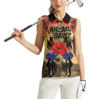Australia and New Zealand ANZAC Day Women Sleeveless Polo Shirt Kangaroo and Kiwi Bird Soldier-Honor and Remember Vintage Style LT03 - Polynesian Pride
