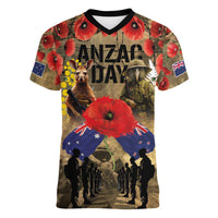 Australia and New Zealand ANZAC Day Women V-Neck T-Shirt Kangaroo and Kiwi Bird Soldier-Honor and Remember Vintage Style LT03 Female Beige - Polynesian Pride