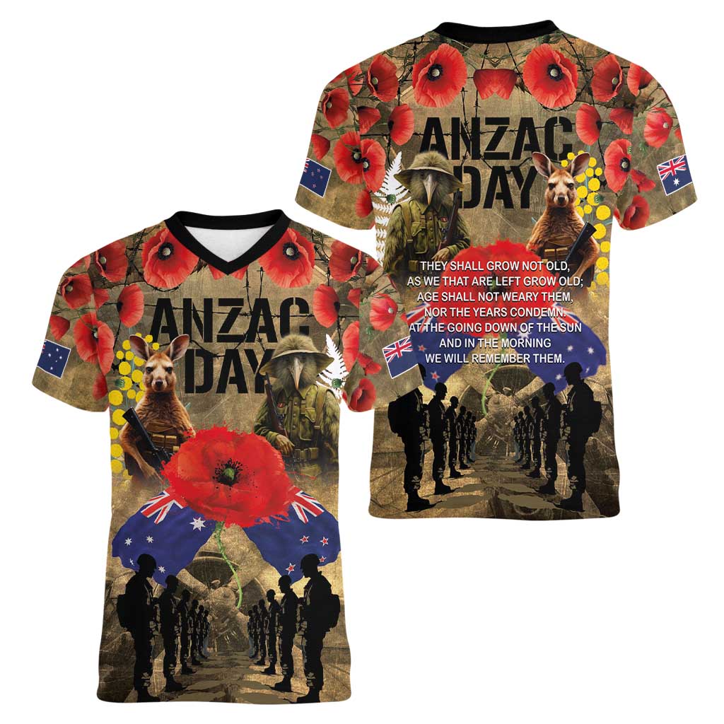 Australia and New Zealand ANZAC Day Women V-Neck T-Shirt Kangaroo and Kiwi Bird Soldier-Honor and Remember Vintage Style LT03 - Polynesian Pride