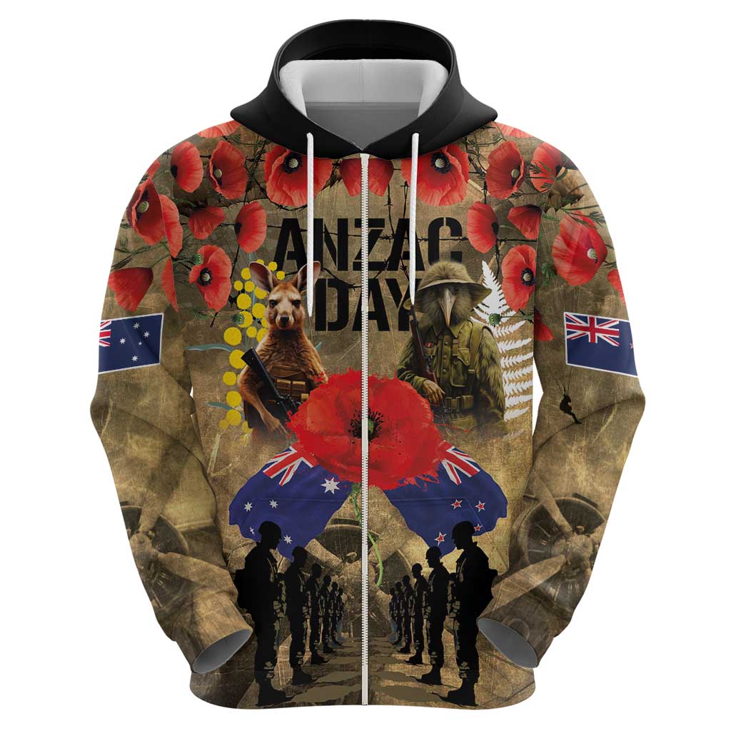 Australia and New Zealand ANZAC Day Zip Hoodie Kangaroo and Kiwi Bird Soldier-Honor and Remember Vintage Style LT03 - Polynesian Pride