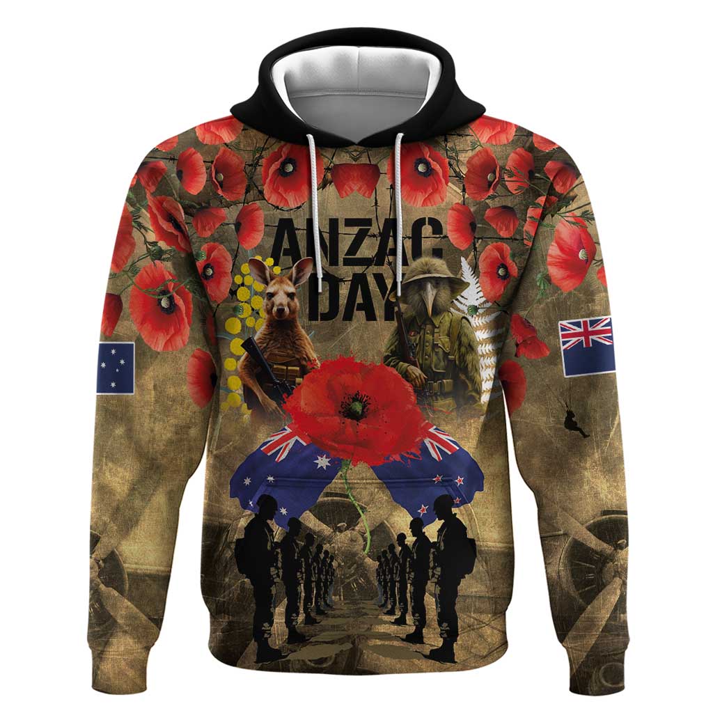 Australia and New Zealand ANZAC Day Zip Hoodie Kangaroo and Kiwi Bird Soldier-Honor and Remember Vintage Style LT03 Pullover Hoodie Beige - Polynesian Pride