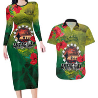 Cook Islands ANDAC Day Couples Matching Long Sleeve Bodycon Dress and Hawaiian Shirt Honor and Remember Soliders-Forever in My Thoughts Grunge Style LT03 Green-Yellow - Polynesian Pride