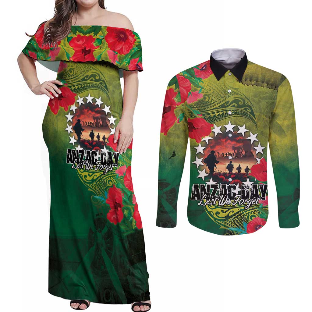 Cook Islands ANDAC Day Couples Matching Off Shoulder Maxi Dress and Long Sleeve Button Shirt Honor and Remember Soliders-Forever in My Thoughts Grunge Style LT03 Green-Yellow - Polynesian Pride