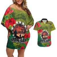 Cook Islands ANDAC Day Couples Matching Off Shoulder Short Dress and Hawaiian Shirt Honor and Remember Soliders-Forever in My Thoughts Grunge Style LT03 Green-Yellow - Polynesian Pride