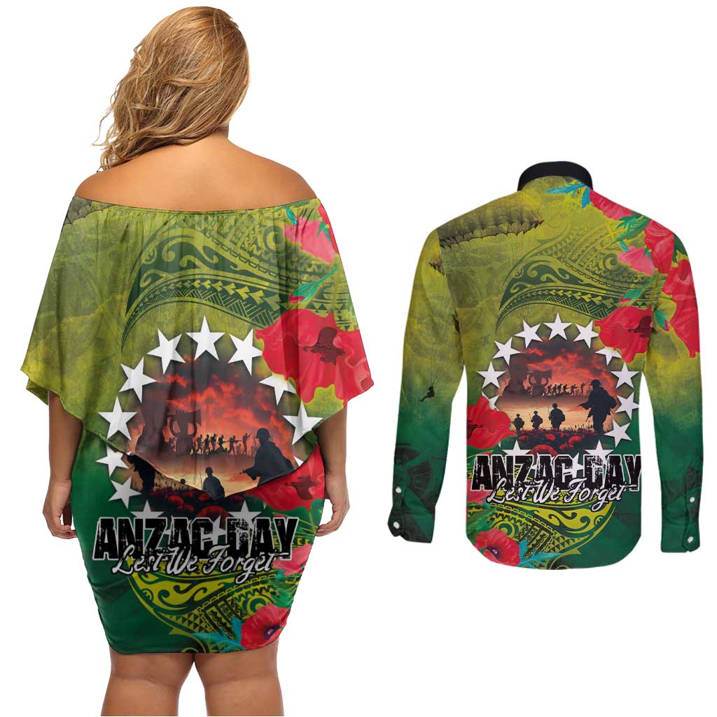 Cook Islands ANDAC Day Couples Matching Off Shoulder Short Dress and Long Sleeve Button Shirt Honor and Remember Soliders-Forever in My Thoughts Grunge Style LT03 - Polynesian Pride