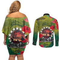 Cook Islands ANDAC Day Couples Matching Off Shoulder Short Dress and Long Sleeve Button Shirt Honor and Remember Soliders-Forever in My Thoughts Grunge Style LT03 - Polynesian Pride