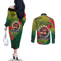 Cook Islands ANDAC Day Couples Matching Off The Shoulder Long Sleeve Dress and Long Sleeve Button Shirt Honor and Remember Soliders-Forever in My Thoughts Grunge Style LT03 - Polynesian Pride