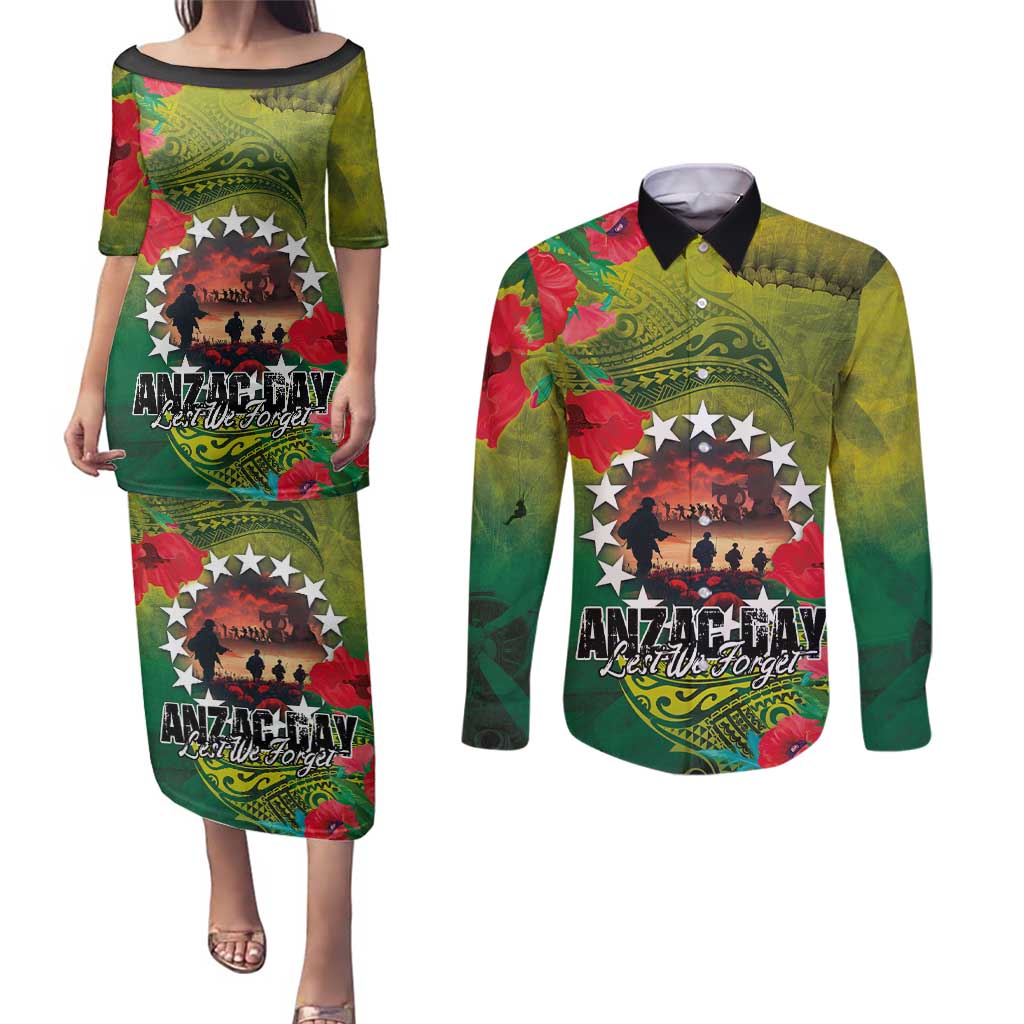 Cook Islands ANDAC Day Couples Matching Puletasi and Long Sleeve Button Shirt Honor and Remember Soliders-Forever in My Thoughts Grunge Style LT03 Green-Yellow - Polynesian Pride