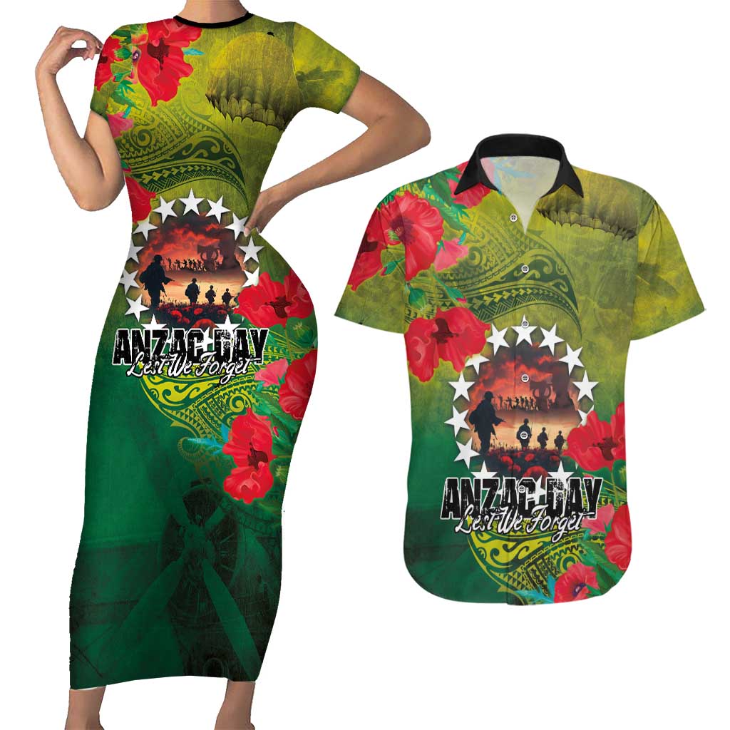 Cook Islands ANDAC Day Couples Matching Short Sleeve Bodycon Dress and Hawaiian Shirt Honor and Remember Soliders-Forever in My Thoughts Grunge Style LT03 Green-Yellow - Polynesian Pride