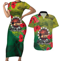 Cook Islands ANDAC Day Couples Matching Short Sleeve Bodycon Dress and Hawaiian Shirt Honor and Remember Soliders-Forever in My Thoughts Grunge Style LT03 Green-Yellow - Polynesian Pride