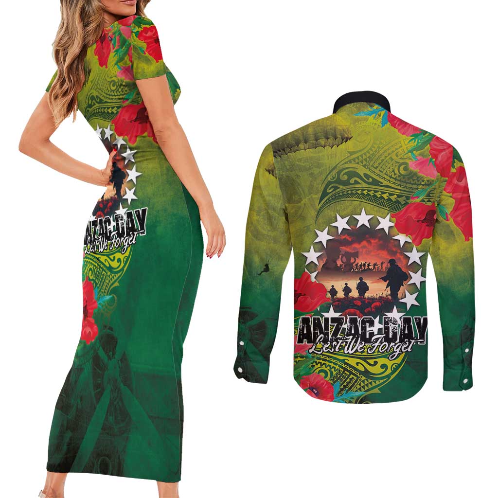 Cook Islands ANDAC Day Couples Matching Short Sleeve Bodycon Dress and Long Sleeve Button Shirt Honor and Remember Soliders-Forever in My Thoughts Grunge Style LT03 - Polynesian Pride