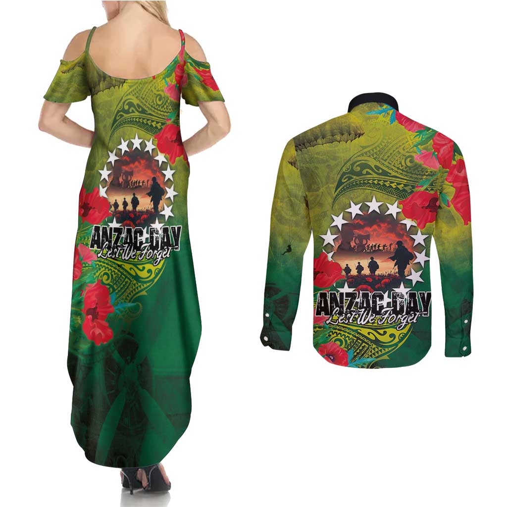 Cook Islands ANDAC Day Couples Matching Summer Maxi Dress and Long Sleeve Button Shirt Honor and Remember Soliders-Forever in My Thoughts Grunge Style LT03 - Polynesian Pride