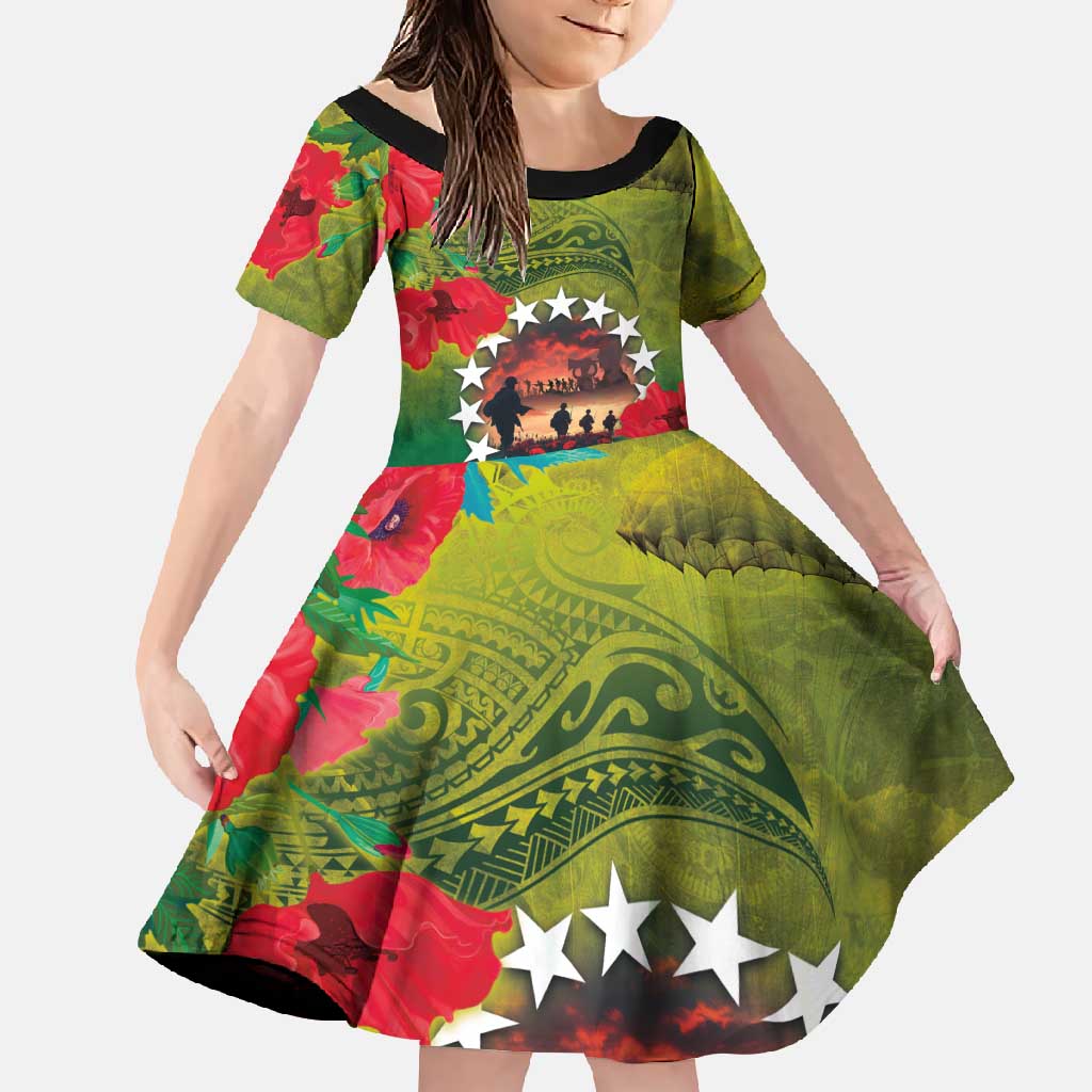Cook Islands ANDAC Day Family Matching Mermaid Dress and Hawaiian Shirt Honor and Remember Soliders-Forever in My Thoughts Grunge Style LT03 Daughter's Dress Green-Yellow - Polynesian Pride