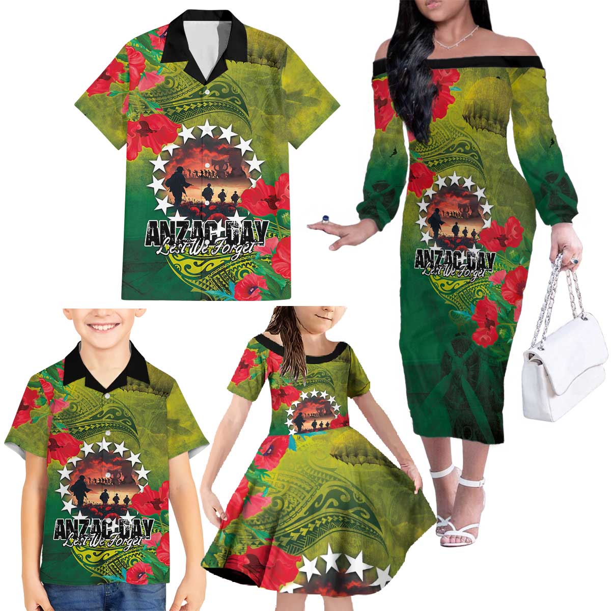 Cook Islands ANDAC Day Family Matching Off The Shoulder Long Sleeve Dress and Hawaiian Shirt Honor and Remember Soliders-Forever in My Thoughts Grunge Style LT03 - Polynesian Pride