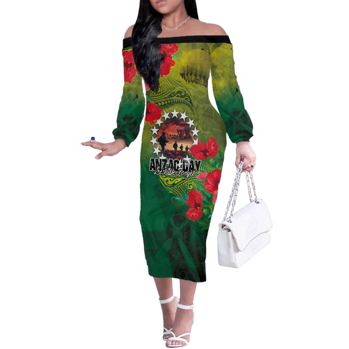 Cook Islands ANDAC Day Family Matching Off The Shoulder Long Sleeve Dress and Hawaiian Shirt Honor and Remember Soliders-Forever in My Thoughts Grunge Style LT03 Mom's Dress Green-Yellow - Polynesian Pride