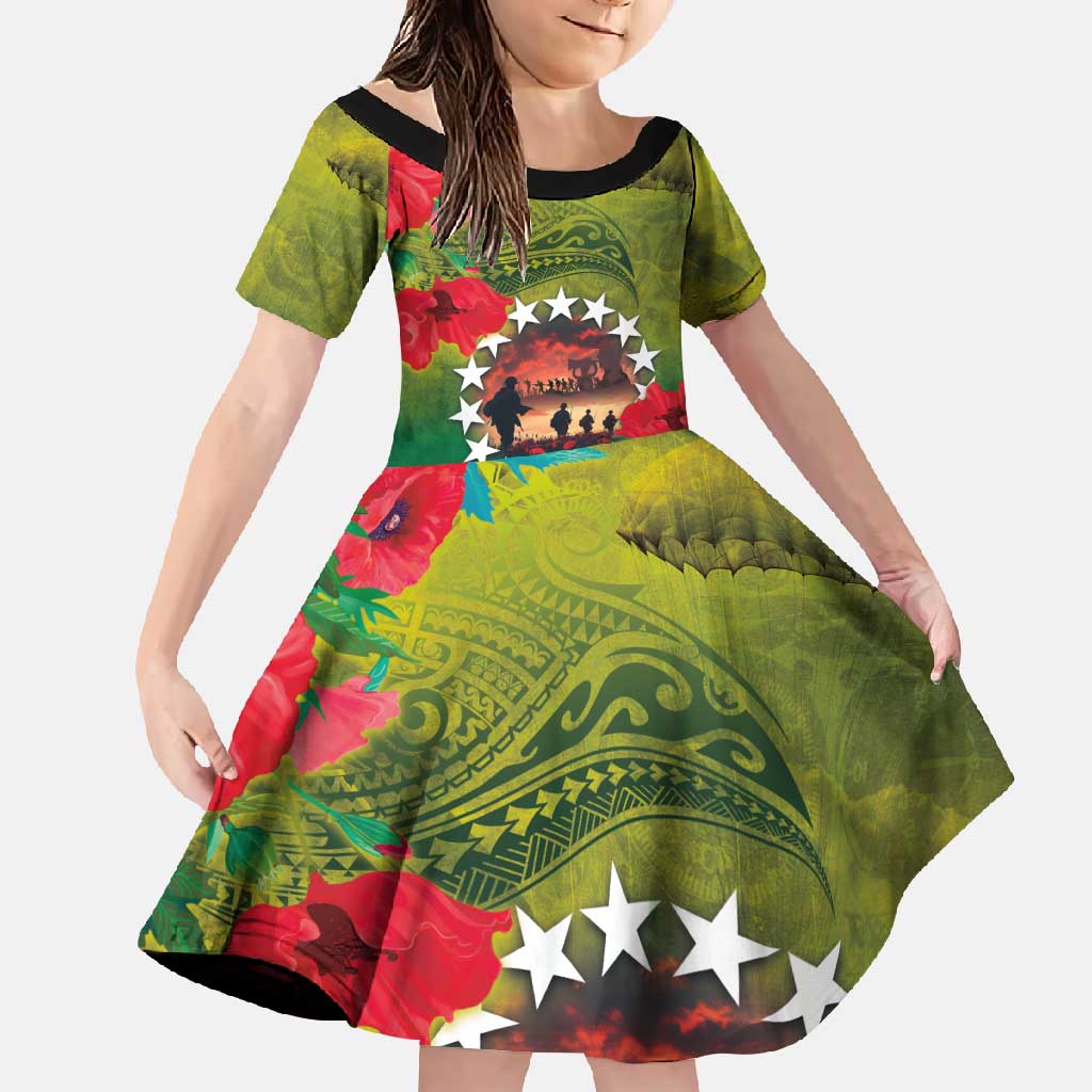 Cook Islands ANDAC Day Family Matching Off Shoulder Maxi Dress and Hawaiian Shirt Honor and Remember Soliders-Forever in My Thoughts Grunge Style LT03 Daughter's Dress Green-Yellow - Polynesian Pride