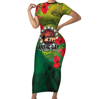 Cook Islands ANDAC Day Family Matching Short Sleeve Bodycon Dress and Hawaiian Shirt Honor and Remember Soliders-Forever in My Thoughts Grunge Style LT03 Mom's Dress Green-Yellow - Polynesian Pride