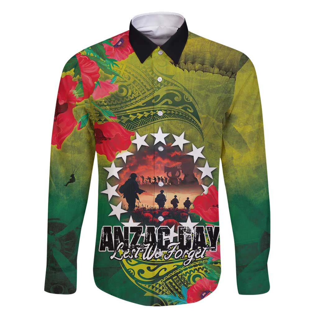 Cook Islands ANDAC Day Family Matching Summer Maxi Dress and Hawaiian Shirt Honor and Remember Soliders-Forever in My Thoughts Grunge Style LT03 Dad's Shirt - Long Sleeve Green-Yellow - Polynesian Pride