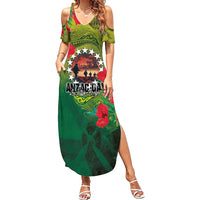 Cook Islands ANDAC Day Family Matching Summer Maxi Dress and Hawaiian Shirt Honor and Remember Soliders-Forever in My Thoughts Grunge Style LT03 Mom's Dress Green-Yellow - Polynesian Pride