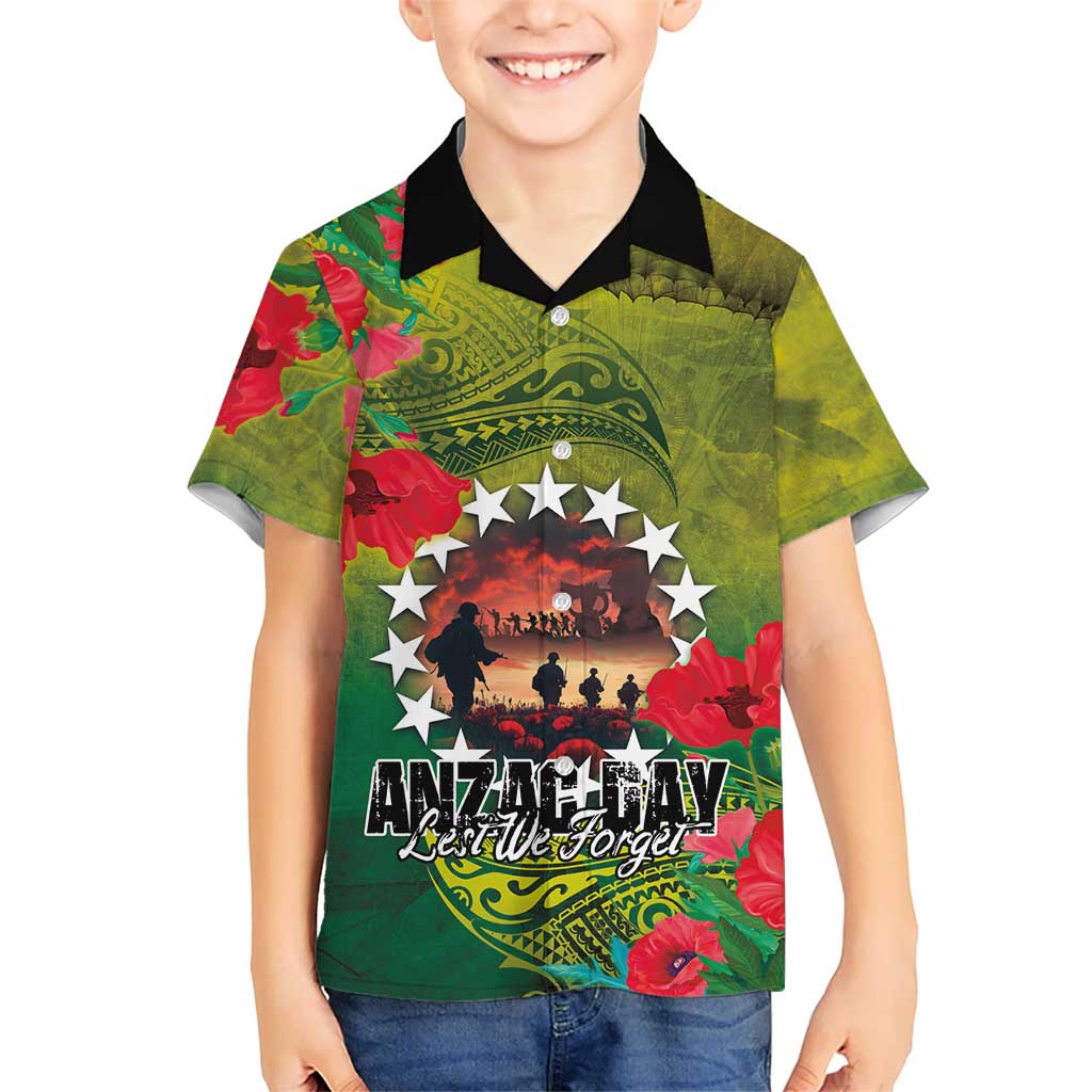 Cook Islands ANDAC Day Kid Hawaiian Shirt Honor and Remember Soliders-Forever in My Thoughts Grunge Style LT03 Kid Green-Yellow - Polynesian Pride