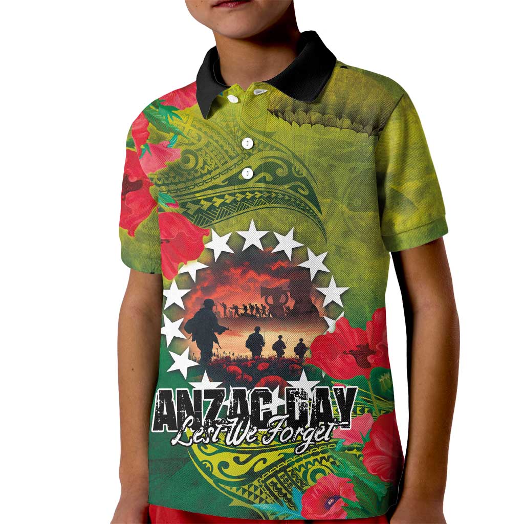 Cook Islands ANDAC Day Kid Polo Shirt Honor and Remember Soliders-Forever in My Thoughts Grunge Style LT03 Kid Green-Yellow - Polynesian Pride