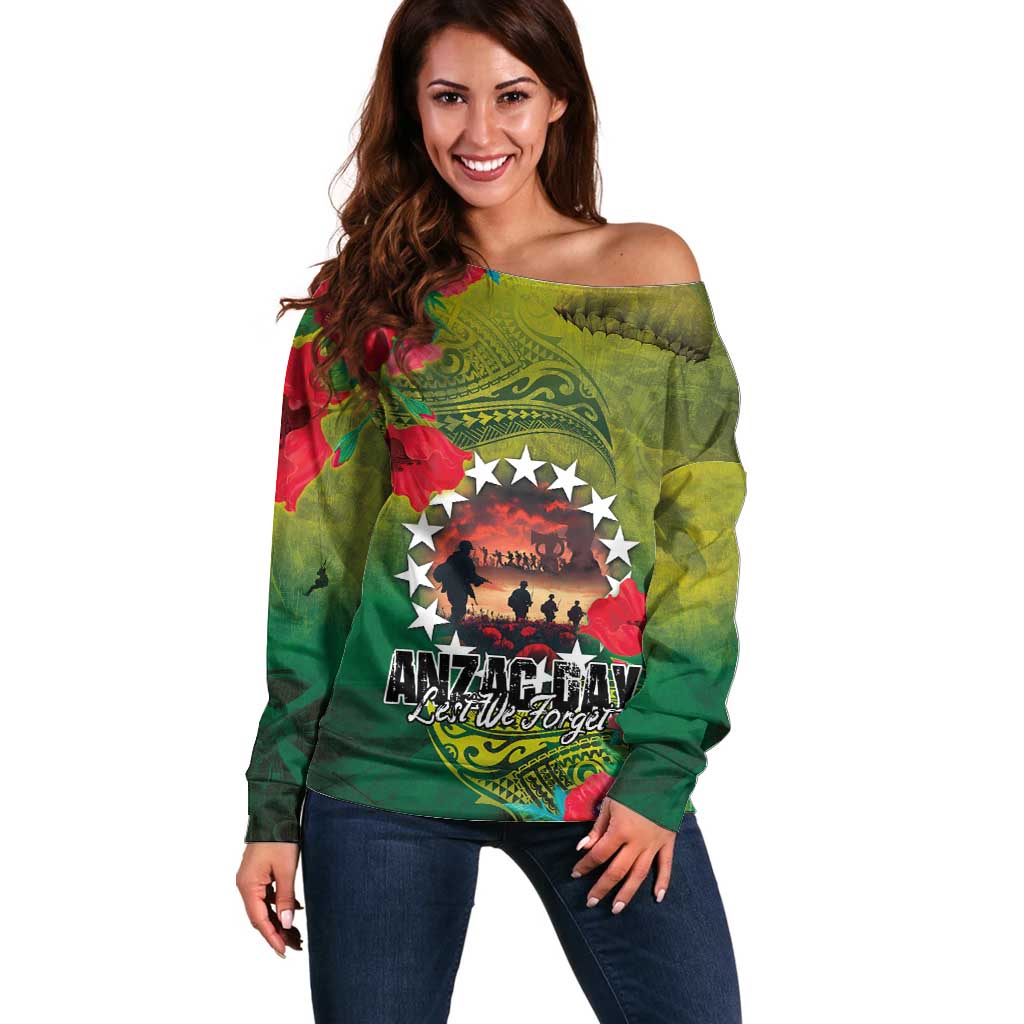 Cook Islands ANDAC Day Off Shoulder Sweater Honor and Remember Soliders-Forever in My Thoughts Grunge Style LT03 Women Green-Yellow - Polynesian Pride