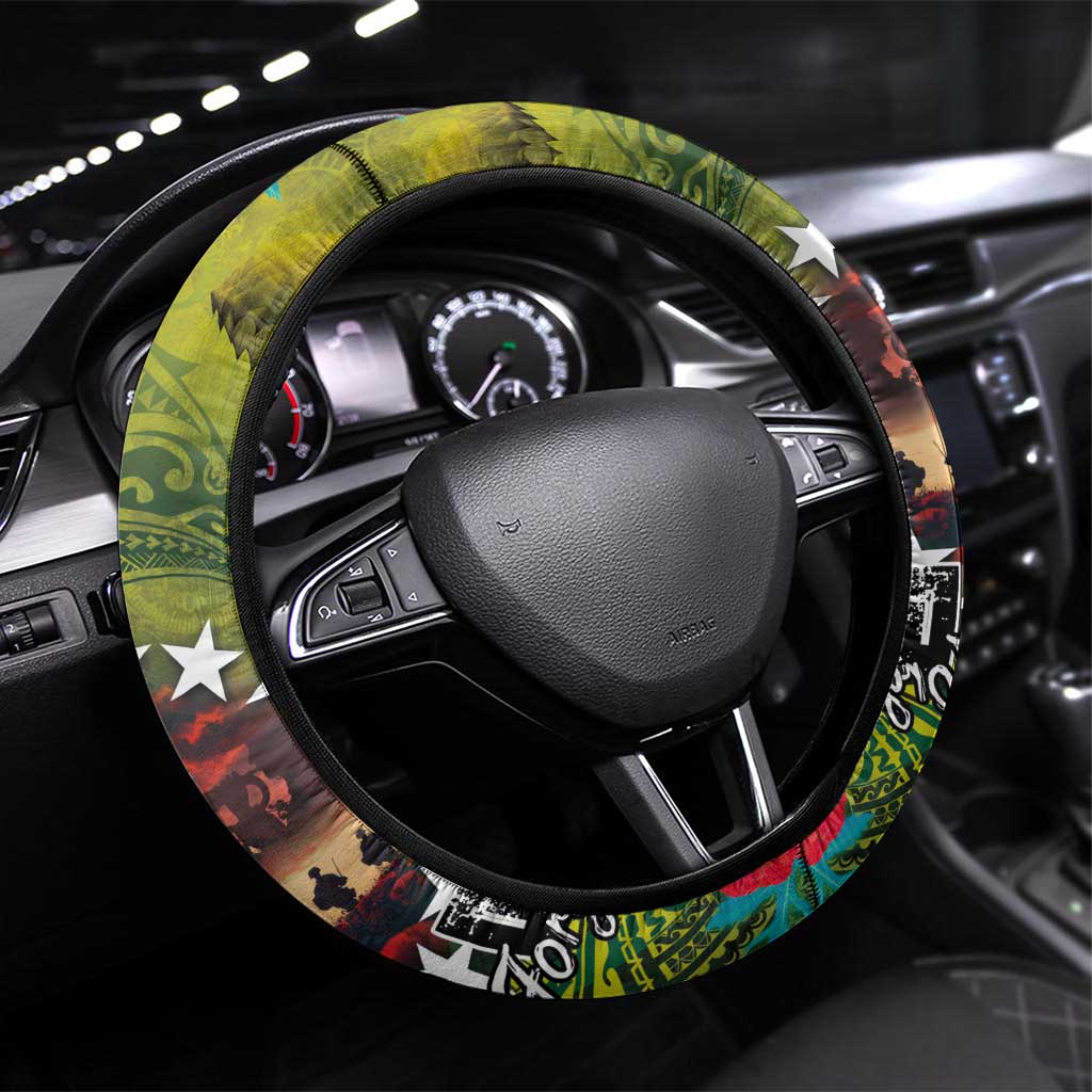 Cook Islands ANDAC Day Steering Wheel Cover Honor and Remember Soliders-Forever in My Thoughts Grunge Style LT03 Universal Fit Green-Yellow - Polynesian Pride