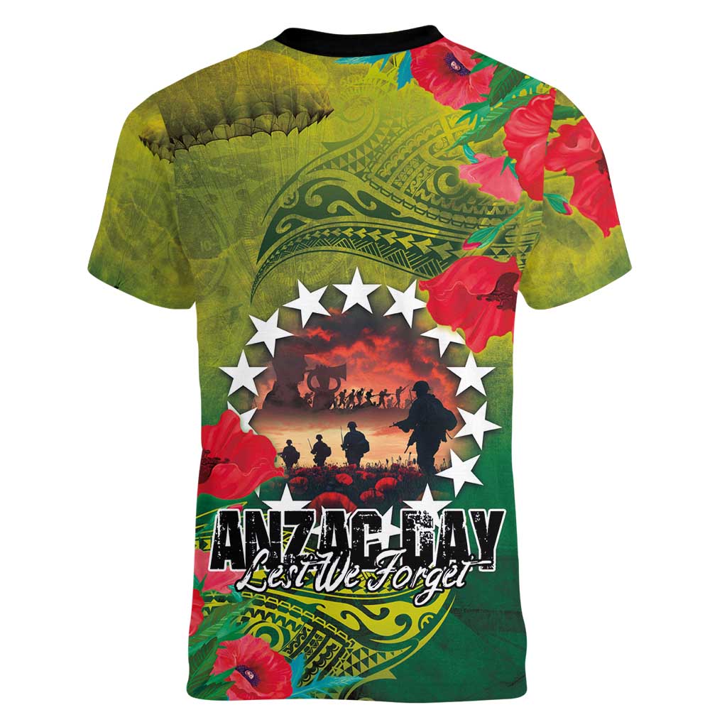 Cook Islands ANDAC Day Women V-Neck T-Shirt Honor and Remember Soliders-Forever in My Thoughts Grunge Style LT03 - Polynesian Pride