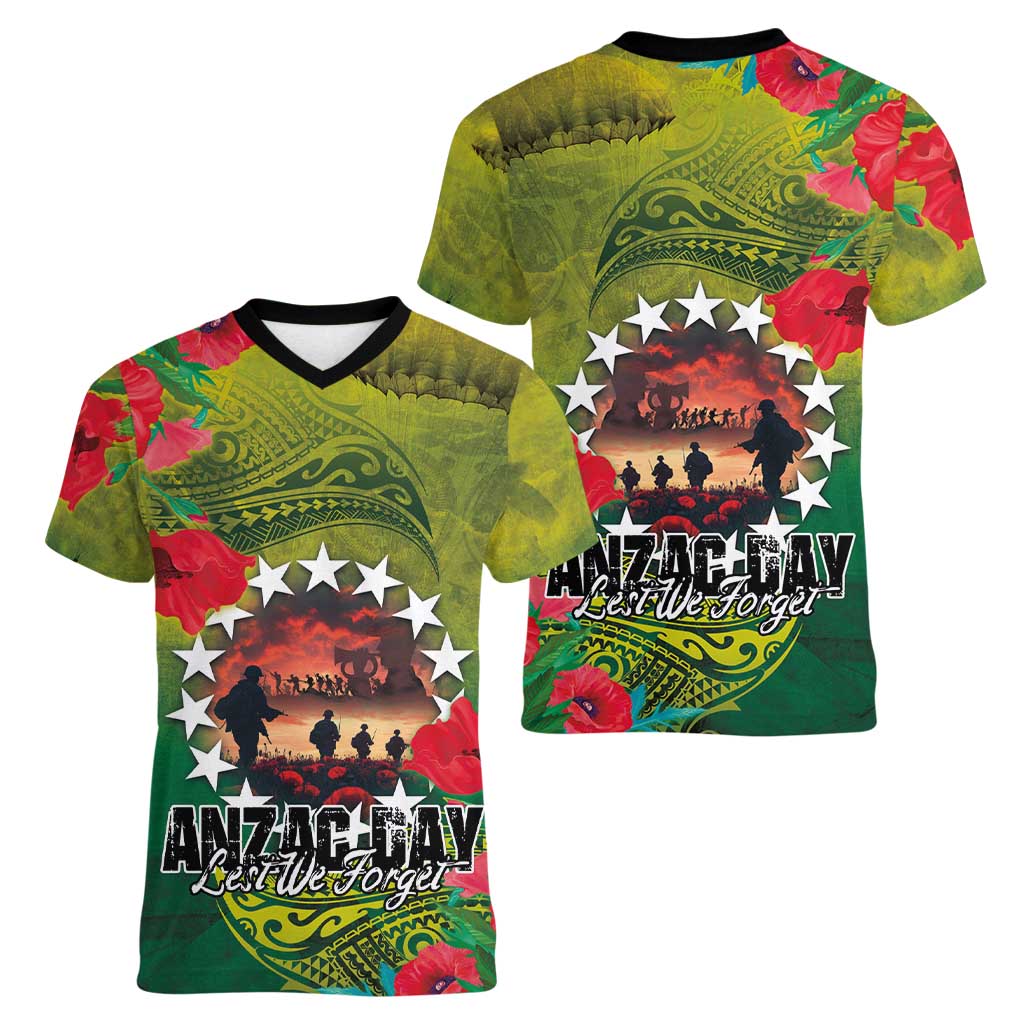 Cook Islands ANDAC Day Women V-Neck T-Shirt Honor and Remember Soliders-Forever in My Thoughts Grunge Style LT03 - Polynesian Pride