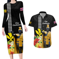 Hawaii King Kamehameha Day Couples Matching Long Sleeve Bodycon Dress and Hawaiian Shirt Kanaka Maoli Hibiscus Flower and Kakau Pattern LT03 Black - Polynesian Pride