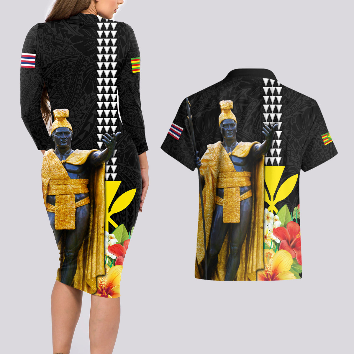 Hawaii King Kamehameha Day Couples Matching Long Sleeve Bodycon Dress and Hawaiian Shirt Kanaka Maoli Hibiscus Flower and Kakau Pattern LT03 - Polynesian Pride