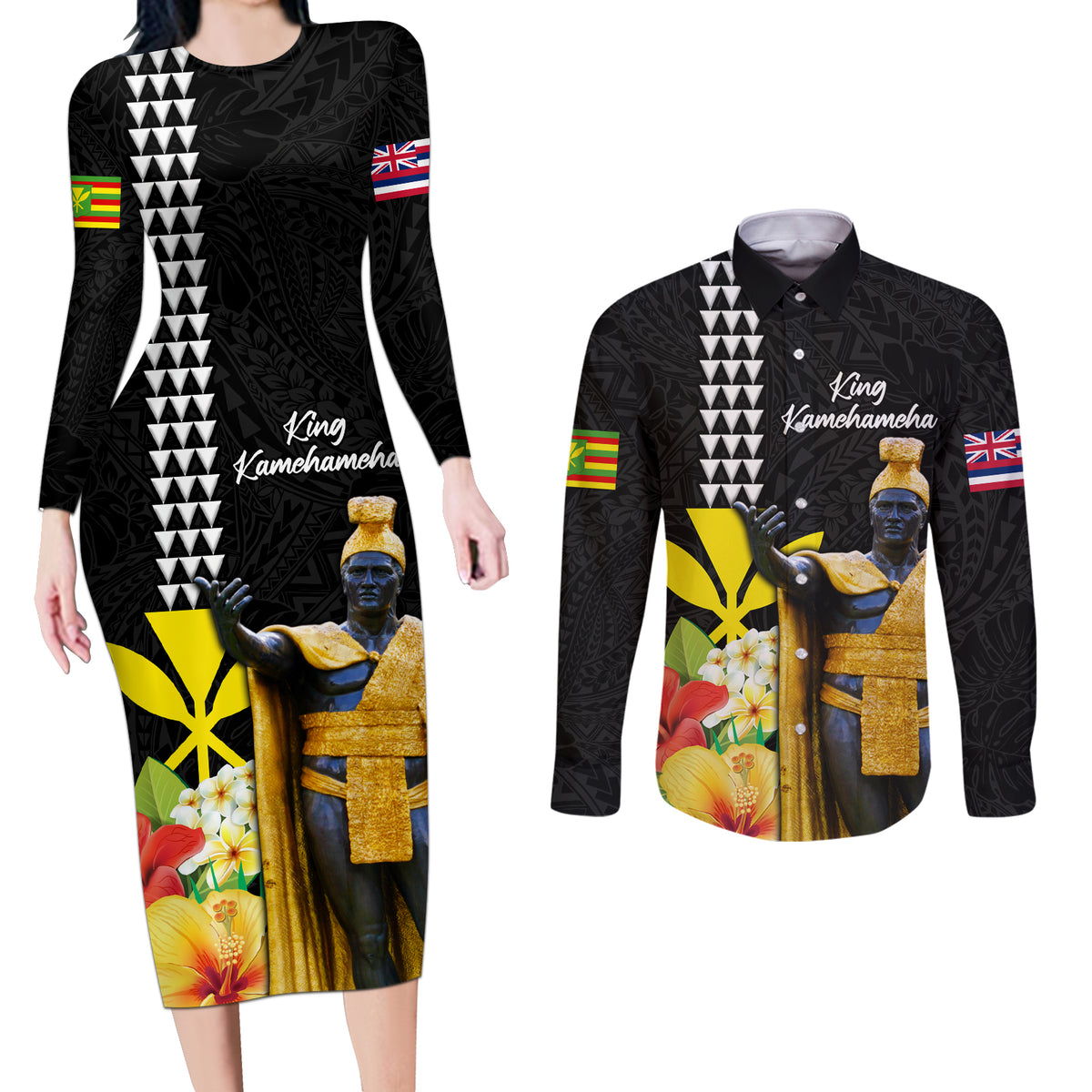 Hawaii King Kamehameha Day Couples Matching Long Sleeve Bodycon Dress and Long Sleeve Button Shirt Kanaka Maoli Hibiscus Flower and Kakau Pattern LT03 Black - Polynesian Pride