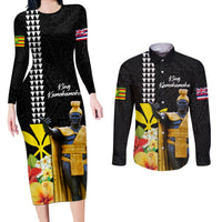 Hawaii King Kamehameha Day Couples Matching Long Sleeve Bodycon Dress and Long Sleeve Button Shirt Kanaka Maoli Hibiscus Flower and Kakau Pattern LT03 Black - Polynesian Pride