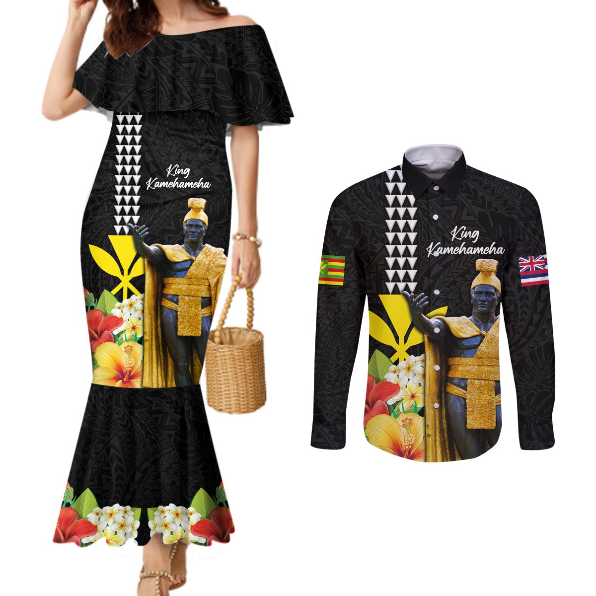 Hawaii King Kamehameha Day Couples Matching Mermaid Dress and Long Sleeve Button Shirt Kanaka Maoli Hibiscus Flower and Kakau Pattern LT03 Black - Polynesian Pride