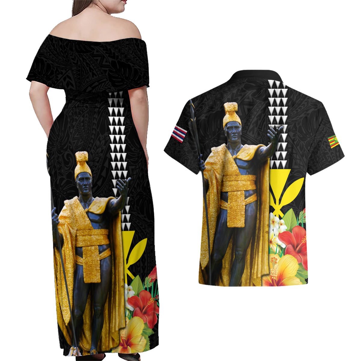 Hawaii King Kamehameha Day Couples Matching Off Shoulder Maxi Dress and Hawaiian Shirt Kanaka Maoli Hibiscus Flower and Kakau Pattern LT03 - Polynesian Pride