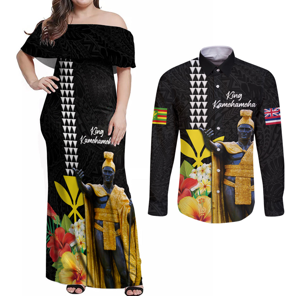 Hawaii King Kamehameha Day Couples Matching Off Shoulder Maxi Dress and Long Sleeve Button Shirt Kanaka Maoli Hibiscus Flower and Kakau Pattern LT03 Black - Polynesian Pride